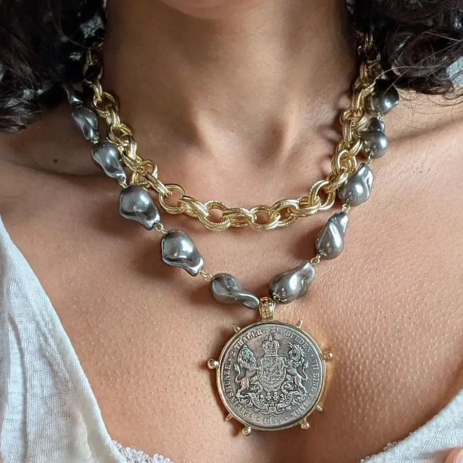 Coin Pendant Necklace - Large British Penny Collectibles Charm With Figaro Chain by Adornity