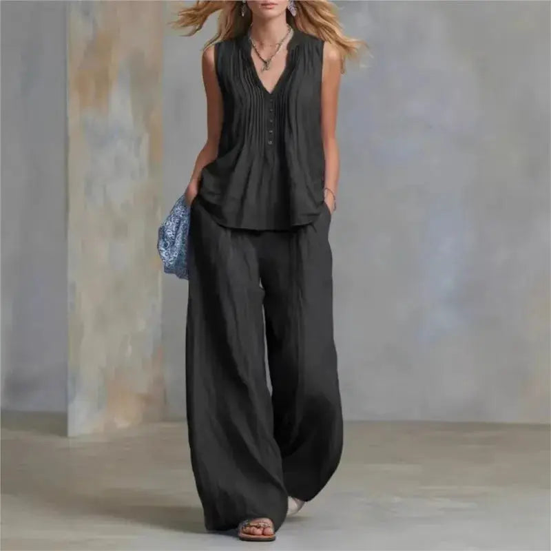 lady Button Splicing Design Top+wide Leg Pants Two-piece Set Women's Summer Fashion Sleeveless V-neck Top Pants Office Outfit by Adornity