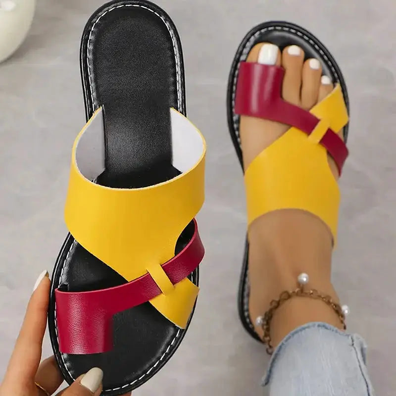 Mix Color Flat Sandals Women 2026 Summer Pu Leather Clip Toe Outdoor Slippers Woman Plus Size 43 Non Slip Beach Slide Flip Flops by Hegichi
