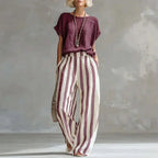 Sexy Crew Collar Top T-shirts Wide Leg Trousers Suit Woman Spring Striped Print Cotton Linen Set Summer Short Sleeve Boho Outfit by Adornity