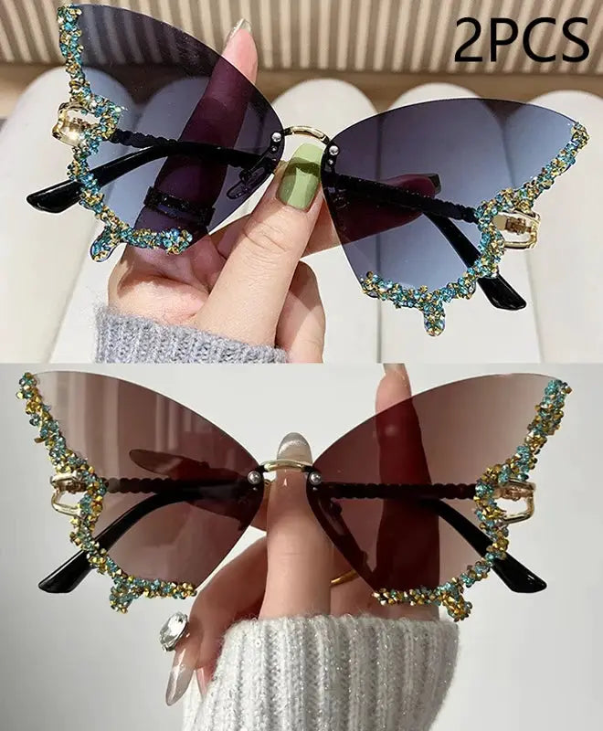 Luxury Diamond Butterfly Sunglasses Women Brand Y2K Vintage Rimless Oversized Sun Glasses Ladies Eyewear by Hegichi