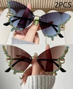 Luxury Diamond Butterfly Sunglasses Women Brand Y2K Vintage Rimless Oversized Sun Glasses Ladies Eyewear by Hegichi