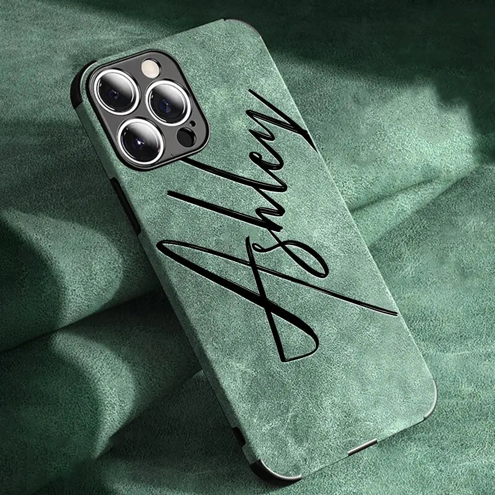 Large Brush Calligraphy Name Customized Phone Case For iPhone 16 15 14 13 12 11 Pro Max Lambskin Faux Leather Shockproof Cover by Hegichi