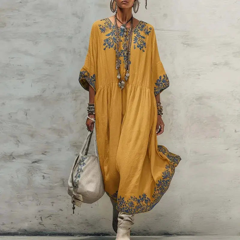 Ethnic Retro Floral Print Loose Maxi Dress Spring Elegant O Neck High Waist Party Dresses Casual Half Sleeve Bohemian Long Dress by Adornity