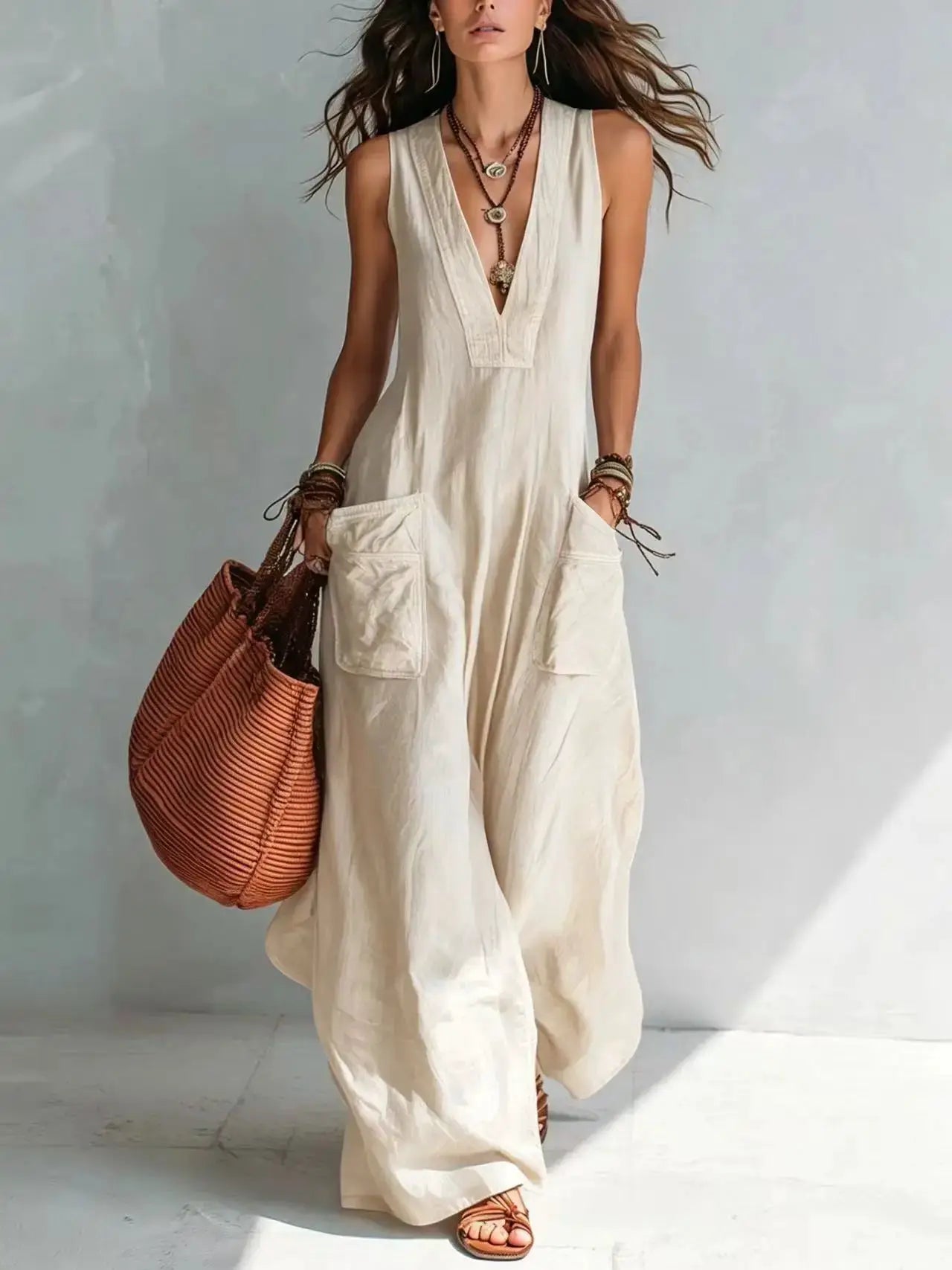 Summer Sleeveless Cotton Linen Jumpsuit Women V Neck Loose Wide Leg Pants Double Pocket Jumpsuit Casual Commuting Bodysuits by Adornity