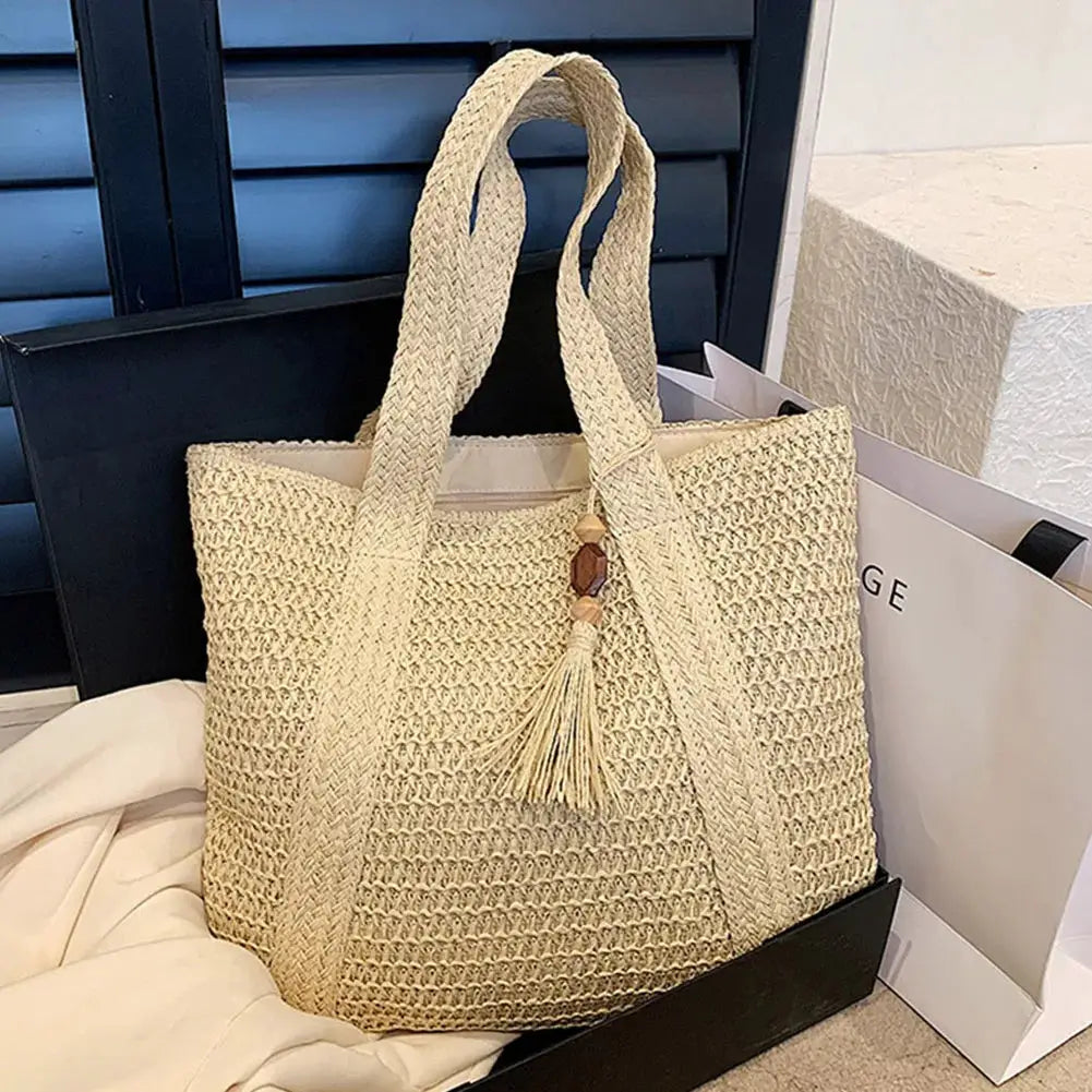 Summer Straw Women Bag Hand-Woven Handbags Handmade Raffia Beach Boho Shoulder Bag Large Tote Bag Tassel Shopping Purses by Hegichi