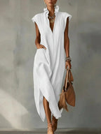 Fashion Ruffle Stand Collar Women's Sleeveless Dress Summer New Casual Loose Pocket Female Side Slit Vacation Deep V-Neck Dress by Adornity
