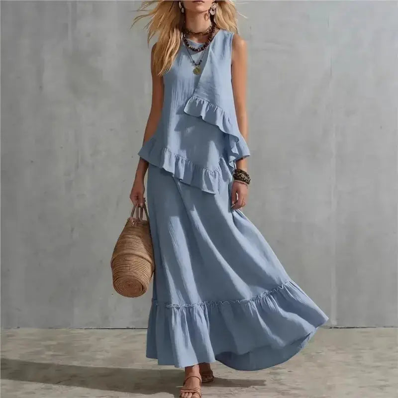 Women's Two-piece Sleeveless Irregular Ruffle Top Long Skirt 2026 Summer Cotton And Linen Fashion Casual Loose Solid Color Suit by Adornity