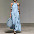 Women's Sexy Halter Ruffle Maxi Dress Solid Pockets Loose Long Dress Summer Elegant Sleeveless Bohemian Vacation Beach Dress by Adornity
