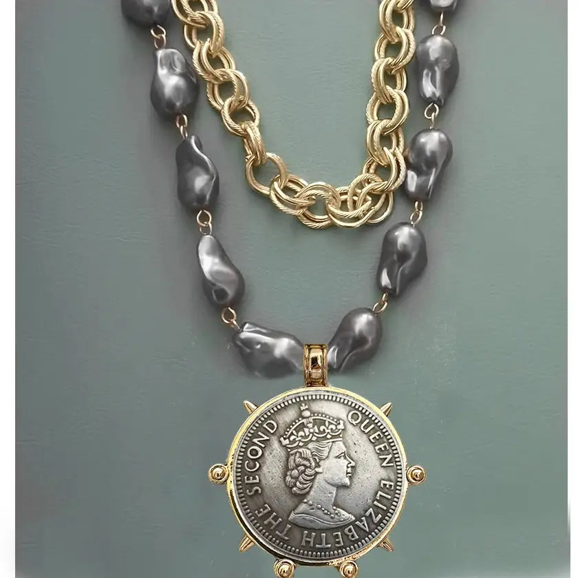 Coin Pendant Necklace - Large British Penny Collectibles Charm With Figaro Chain by Adornity