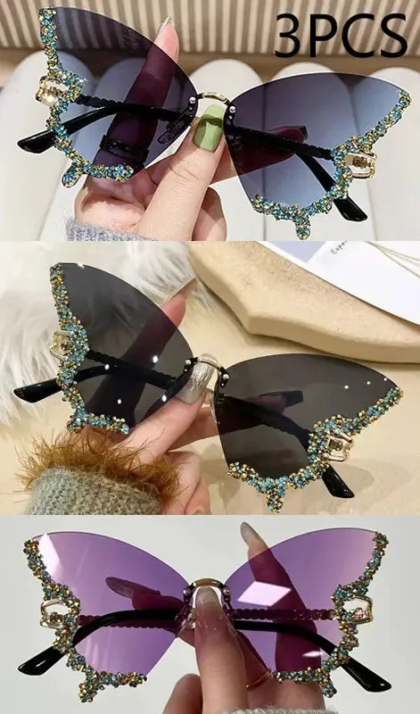 Luxury Diamond Butterfly Sunglasses Women Brand Y2K Vintage Rimless Oversized Sun Glasses Ladies Eyewear by Hegichi