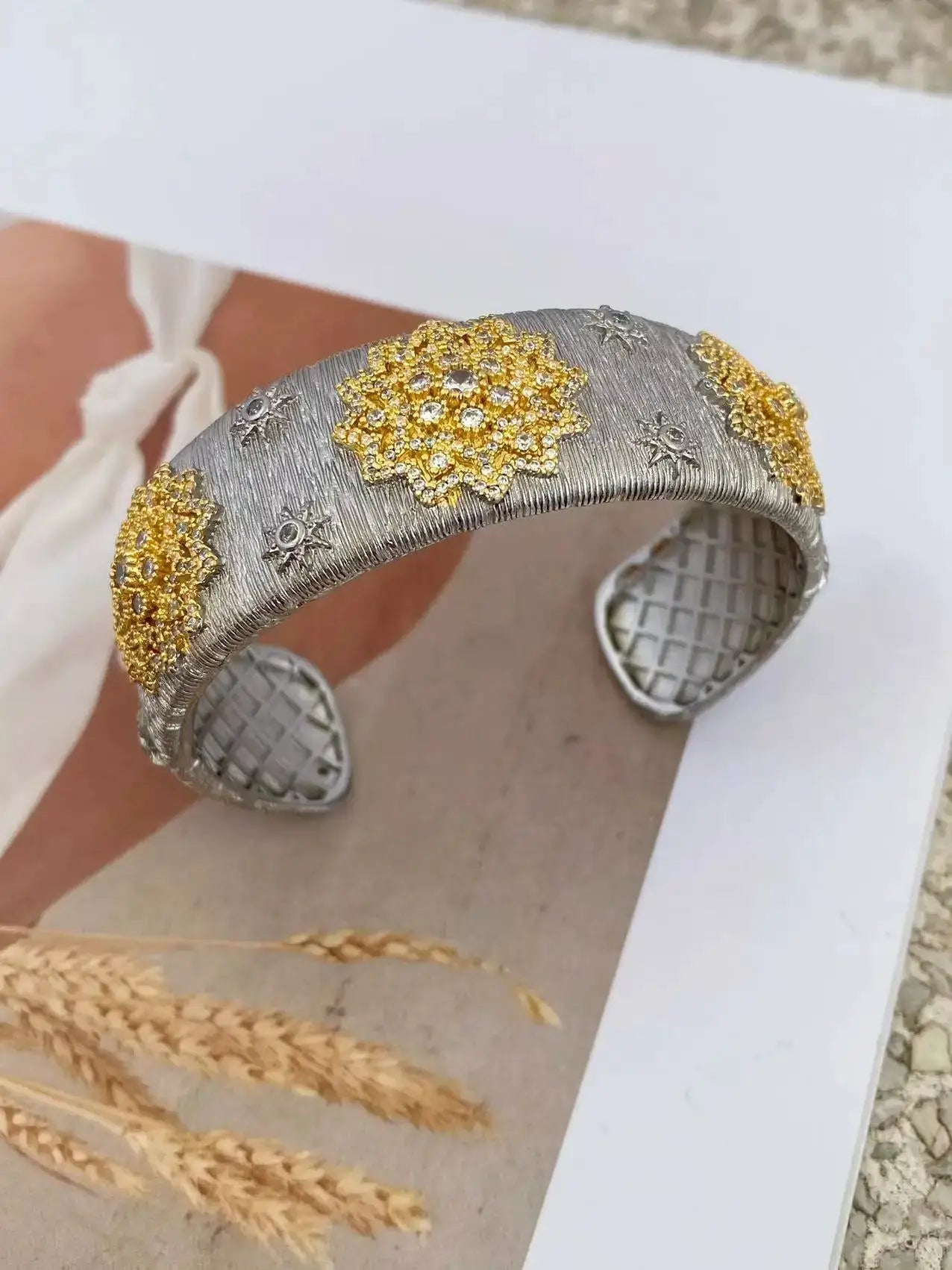 Gold Plated Bracelet – Cubic Zirconia Ring & Flower Pattern Vintage Copper Bangles Set by Adornity