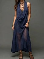 Solid Loose Elegant Maxi Dress Women's Summer Sleeveless Halter Patchwork Beach Style Holiday Fashion Simple Ladies Party Dress by Adornity