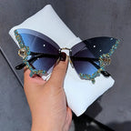 Luxury Diamond Butterfly Sunglasses Women Brand Y2K Vintage Rimless Oversized Sun Glasses Ladies Eyewear by Hegichi