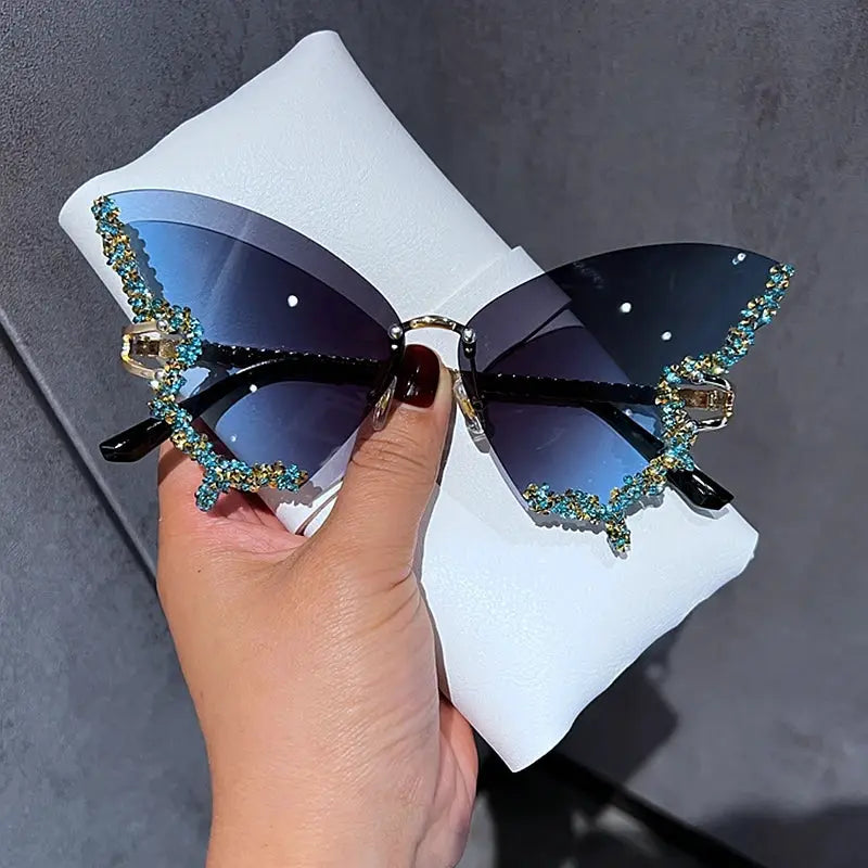 Luxury Diamond Butterfly Sunglasses Women Brand Y2K Vintage Rimless Oversized Sun Glasses Ladies Eyewear by Hegichi