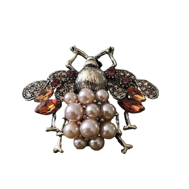 Vintage Bee Brooch - Pearl Crystal Rhinestone Metal Insect Pin Badge by Adornity