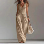 Sexy V Neck Button Wide Leg Jumpsuit Elegant Solid High Waist Woman Romper 2026 Spring Summer Sleeveless Vacation Beach Overalls by Adornity