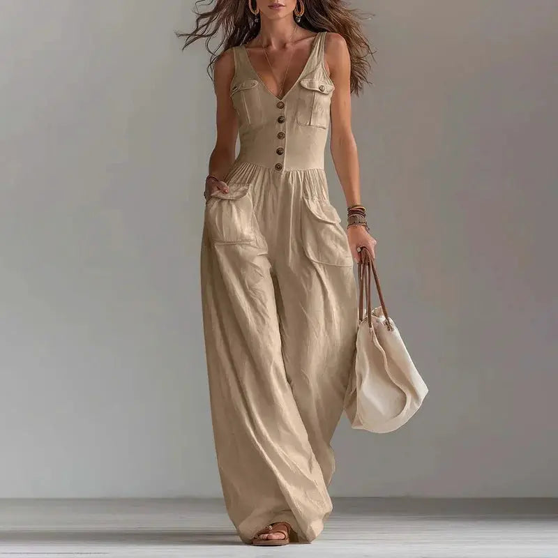 Sexy V Neck Button Wide Leg Jumpsuit Elegant Solid High Waist Woman Romper 2026 Spring Summer Sleeveless Vacation Beach Overalls by Adornity