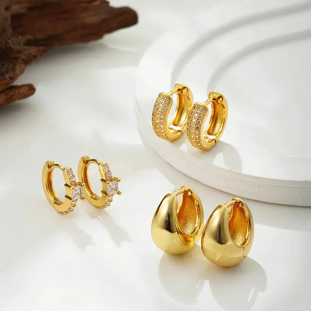 3pair/set Vintage Stainless Steel Simple Chunky Round Zircon Hoop Earrings Polished Gold Plated Rhinestone Huggie Ear Buckle New by Hegichi