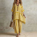 Boho Vintage Striped Print 2 Piece Sets Woman Spring V Neck Half Sleeve Top Wide Leg Pants Outfit New Summer Beach Vacation Suit by Adornity