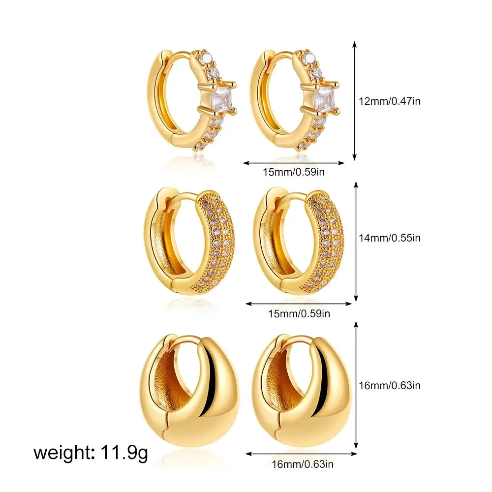 3pair/set Vintage Stainless Steel Simple Chunky Round Zircon Hoop Earrings Polished Gold Plated Rhinestone Huggie Ear Buckle New by Hegichi