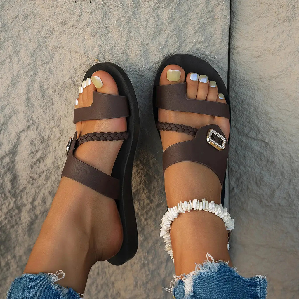 Summer Ladies Flat Sandals Fashion Diamond Buckle Elegant Woven Strap Comfortable Easy-To-Wear Thong Slippers by Hegichi