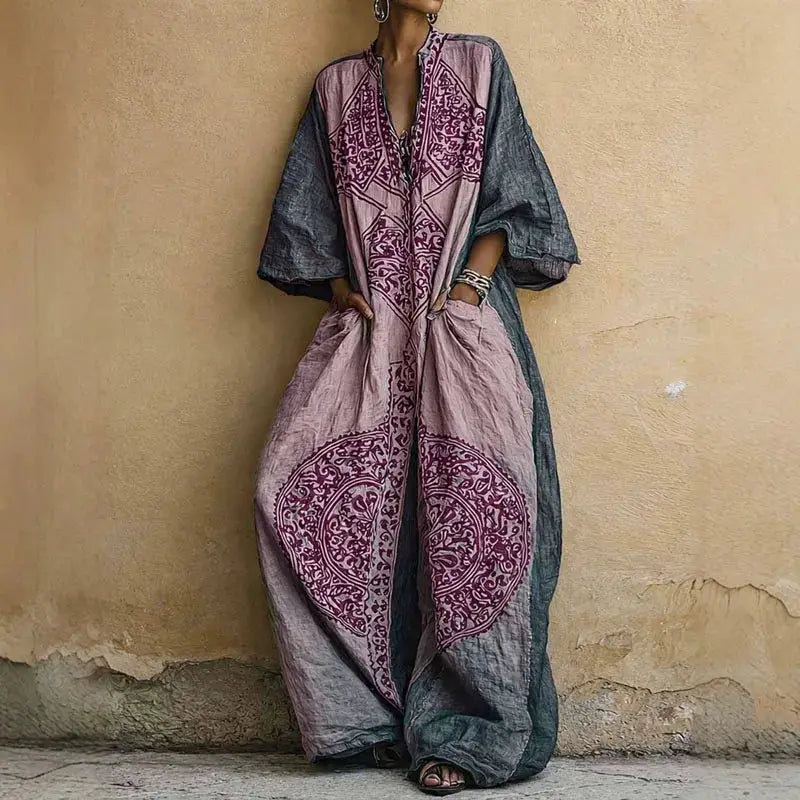 Bohemian Ethnic Pattern Women's Jumpsuit Batwing Sleeve Wide Leg Loose Long Pantsuit 2026 Vintage V Neck Pockets Vacation Romper by Adornity