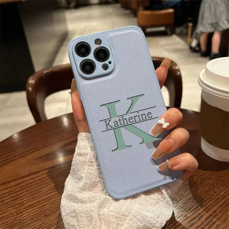 Personalized Customized Initials Name Case For iPhone 17 16 15 14 13 12 11 Pro Max Plus Big Letter Laser Engraving Leather Cover by Hegichi