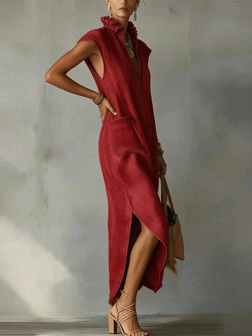 Fashion Ruffle Stand Collar Women's Sleeveless Dress Summer New Casual Loose Pocket Female Side Slit Vacation Deep V-Neck Dress by Adornity