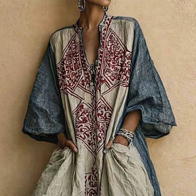 Womens Boho Ethnic Print Oversized Jumpsuit V Neck Batwing Wide Leg Long Pantsuit New Vintage Loose Vacation Romper With Pockets by Adornity