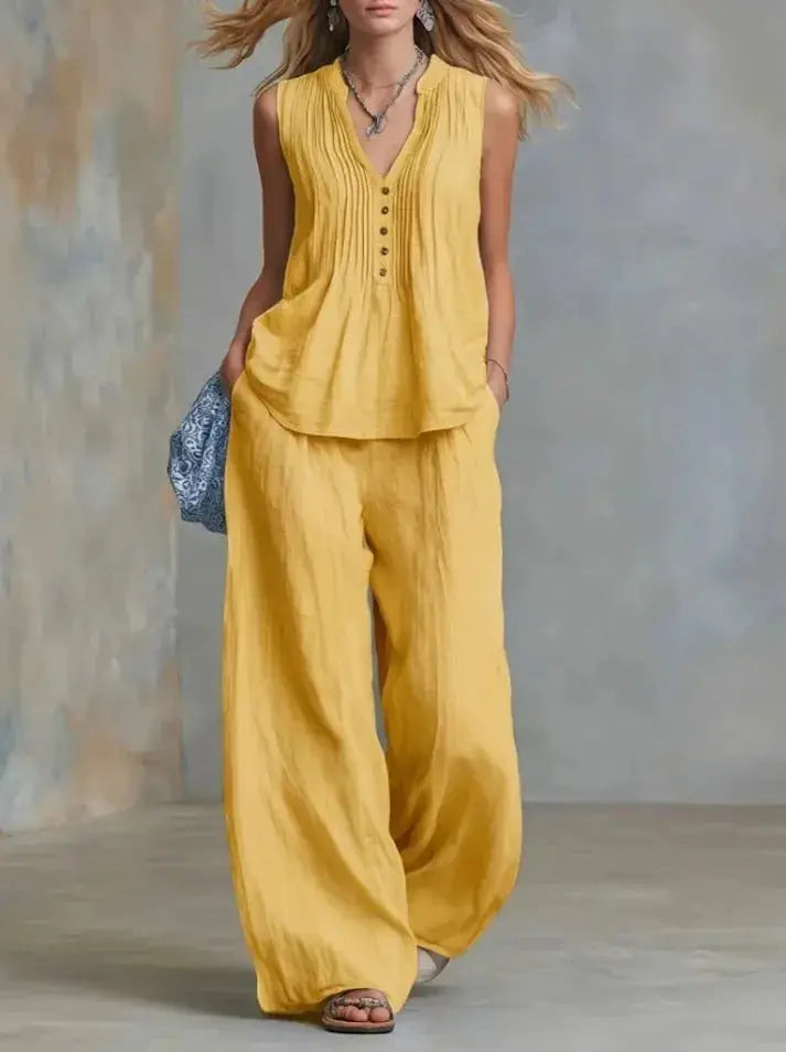 lady Button Splicing Design Top+wide Leg Pants Two-piece Set Women's Summer Fashion Sleeveless V-neck Top Pants Office Outfit by Adornity