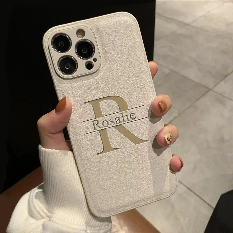 Personalized Customized Initials Name Case For iPhone 17 16 15 14 13 12 11 Pro Max Plus Big Letter Laser Engraving Leather Cover by Hegichi
