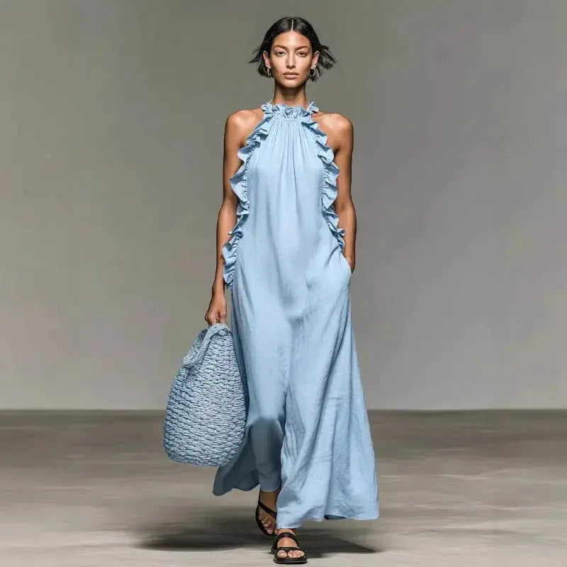 Women's Sexy Halter Ruffle Maxi Dress Solid Pockets Loose Long Dress Summer Elegant Sleeveless Bohemian Vacation Beach Dress by Adornity