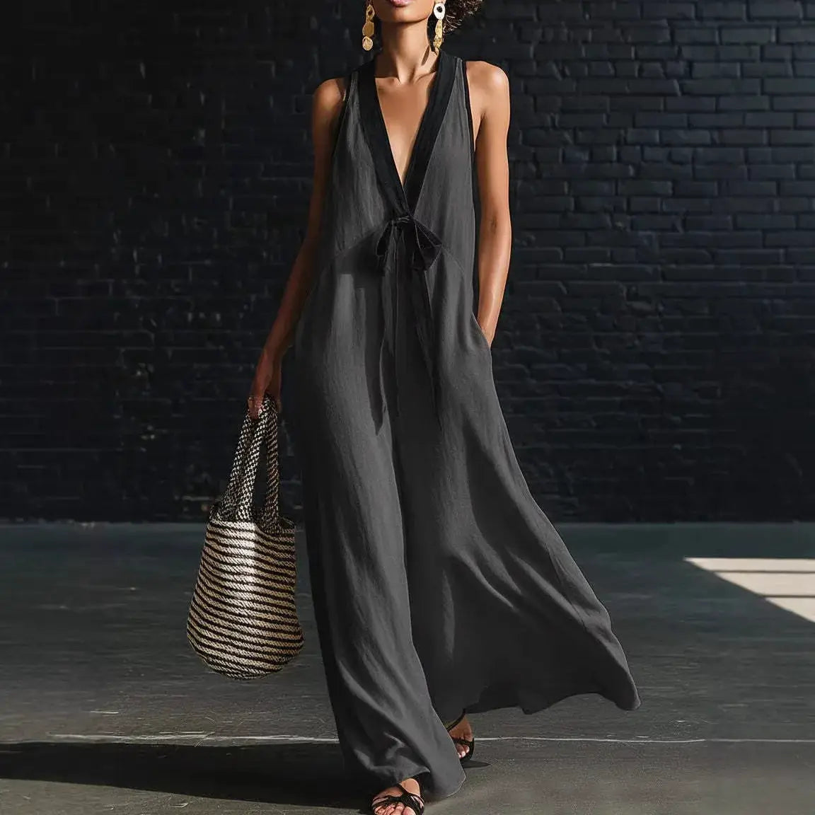 Women's Long Dress Solid Color 2026 Summer New Arrival Fashion Elegant Colorblock Deep V-neck Sleeveless Lace-Up Loose Dress by Adornity