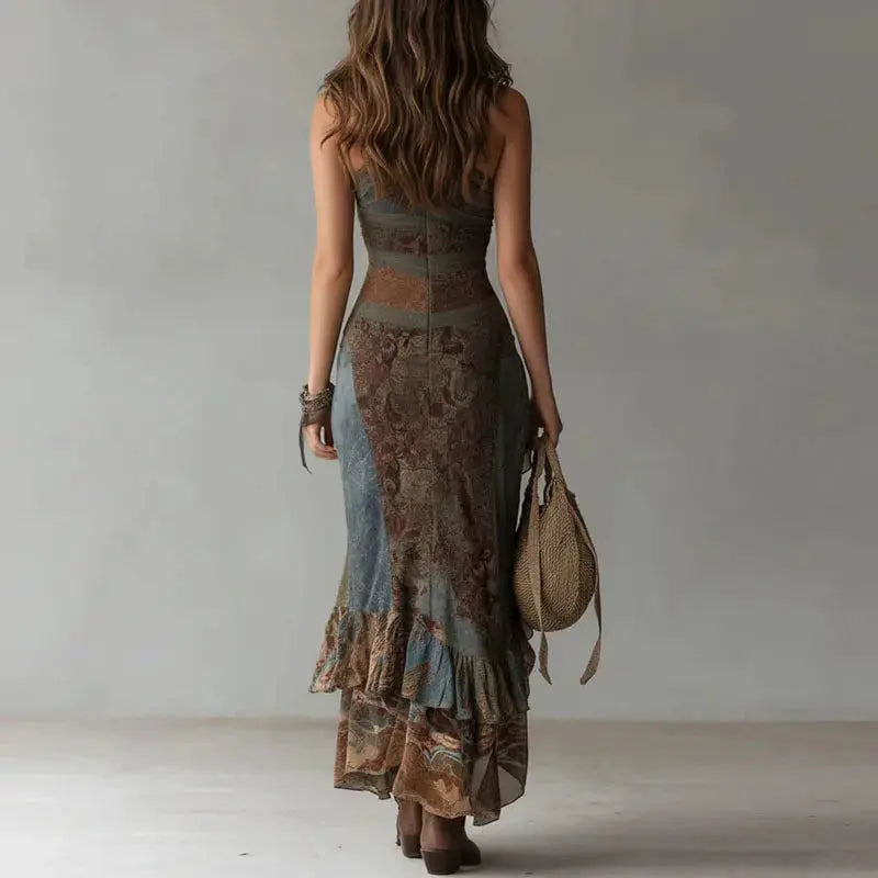 Retro Print Ruched High Split Ruffle Hem Long Dresses Woman Spring Sexy One Shoulder Slim Party Dress New Summer Boho Maxi Dress by Adornity