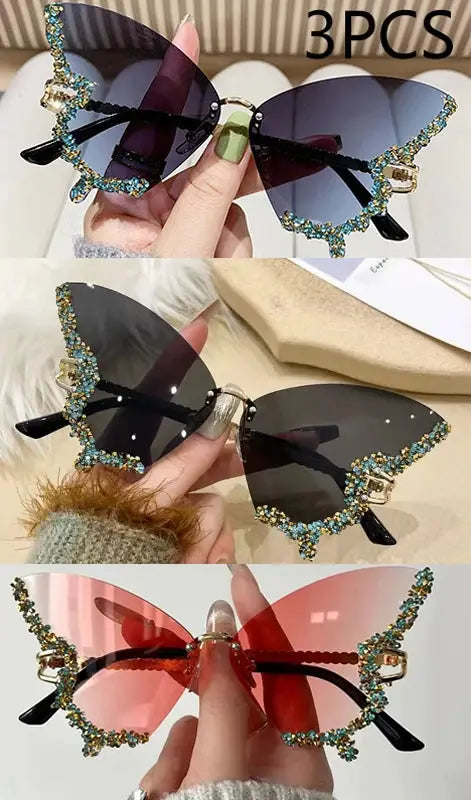 Luxury Diamond Butterfly Sunglasses Women Brand Y2K Vintage Rimless Oversized Sun Glasses Ladies Eyewear by Hegichi
