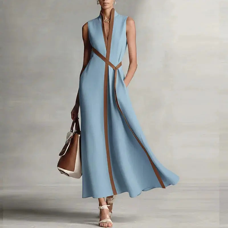 Casual Sleeveless V Neck A-Line Maxi Dresses Woman 2026 Spring Sexy Contrast Striped Print Long Dress Summer Vacation Boho Dress by Adornity