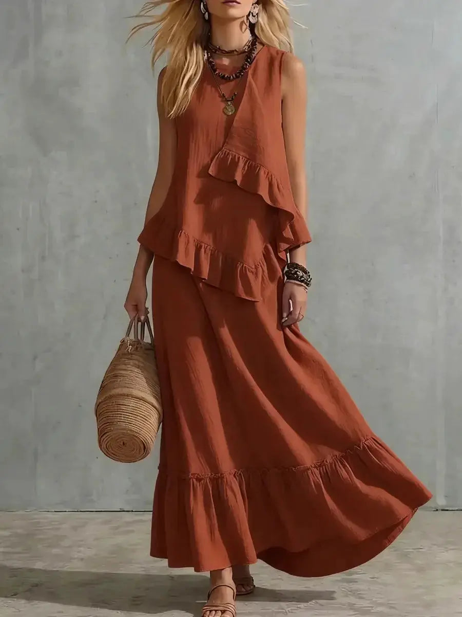 Women's Two-piece Sleeveless Irregular Ruffle Top Long Skirt 2026 Summer Cotton And Linen Fashion Casual Loose Solid Color Suit by Adornity