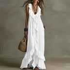 Women's Boho Ruffle Irregular Hem Maxi Dress Spring Deep V Neck Loose Party Long Dresses New Summer Sleeveless Solid Beach Dress by Adornity