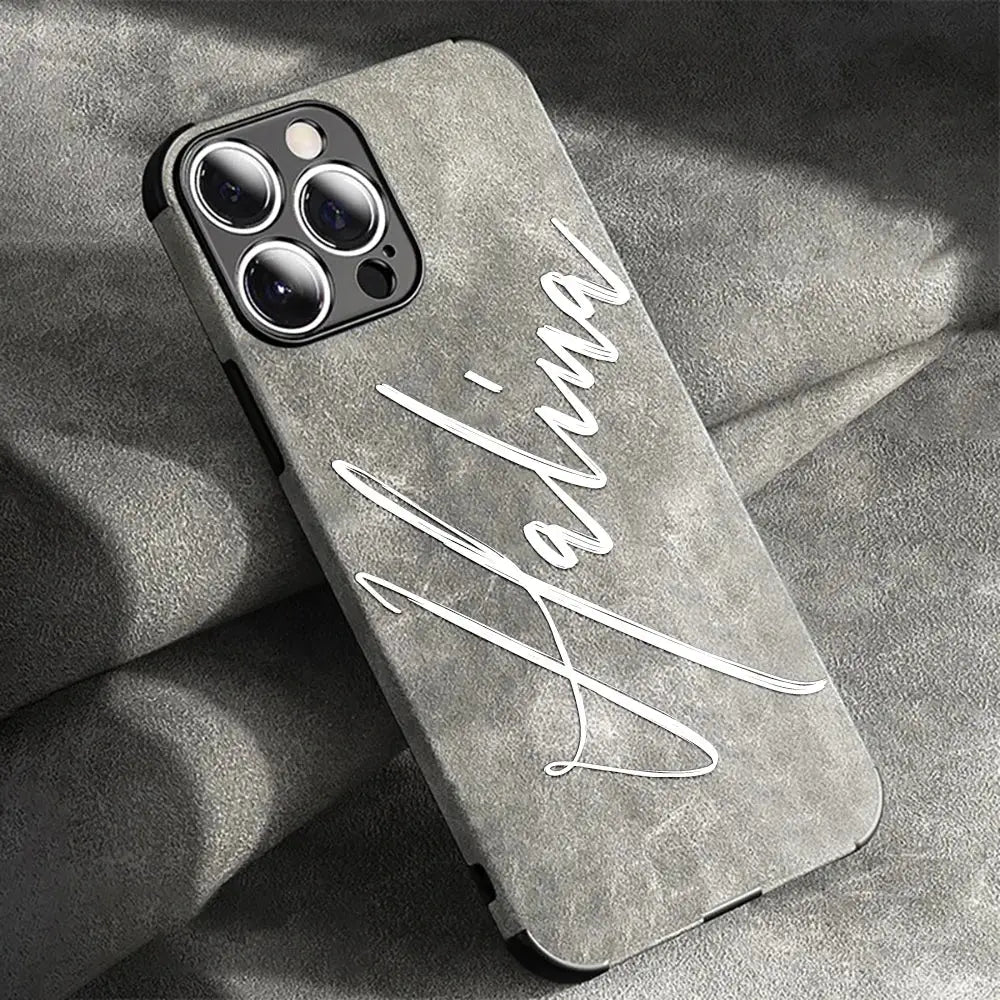 Large Brush Calligraphy Name Customized Phone Case For iPhone 16 15 14 13 12 11 Pro Max Lambskin Faux Leather Shockproof Cover by Hegichi