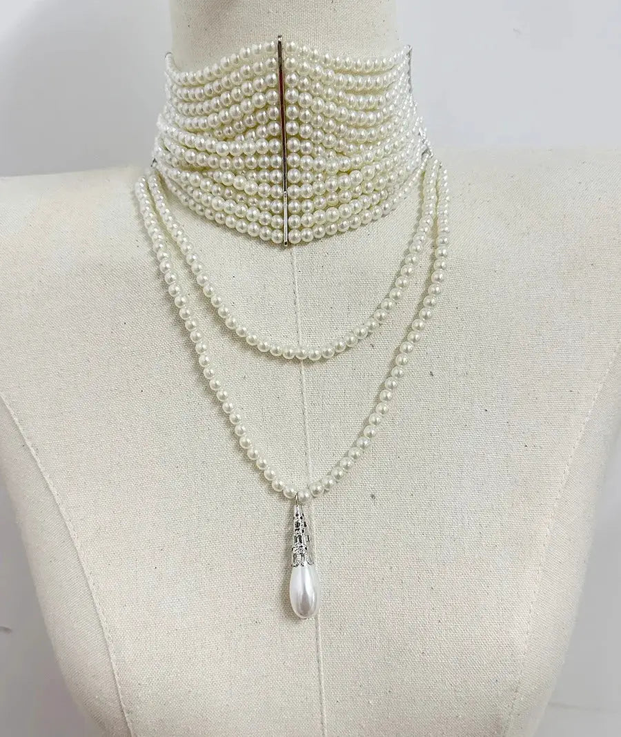Pearl Tassel Necklace – Multi-Layered Vintage Pearl Jewelry With Teardrop Pendant by Adornity