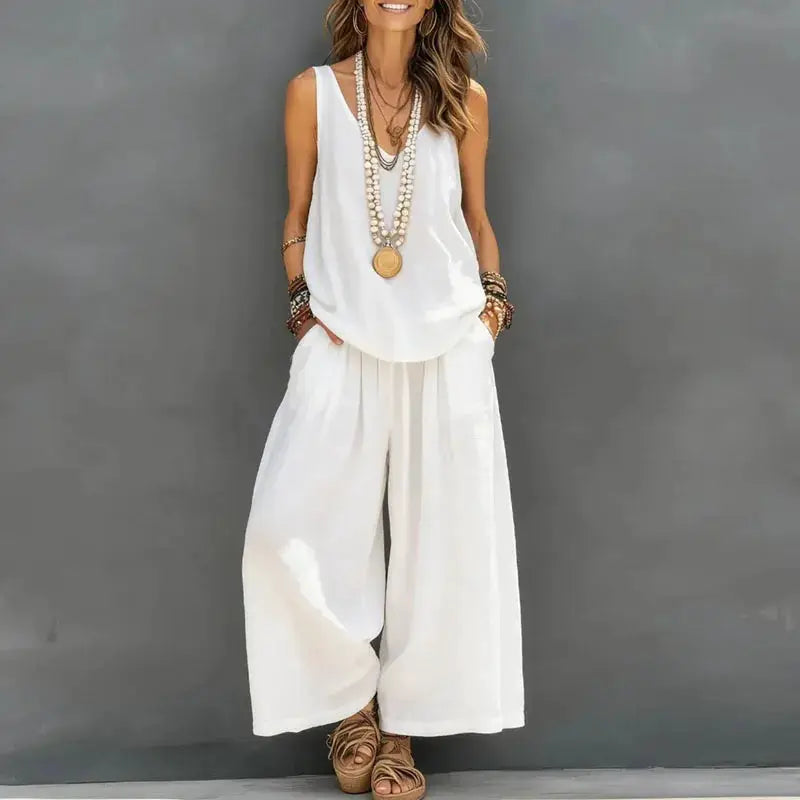 Boho Vacation Summer Beach Outfits Woman Sexy V Neck Hollow Top Wide Leg Pants Sets Spring Casual Sleeveless Loose Suit Harajuku by Adornity