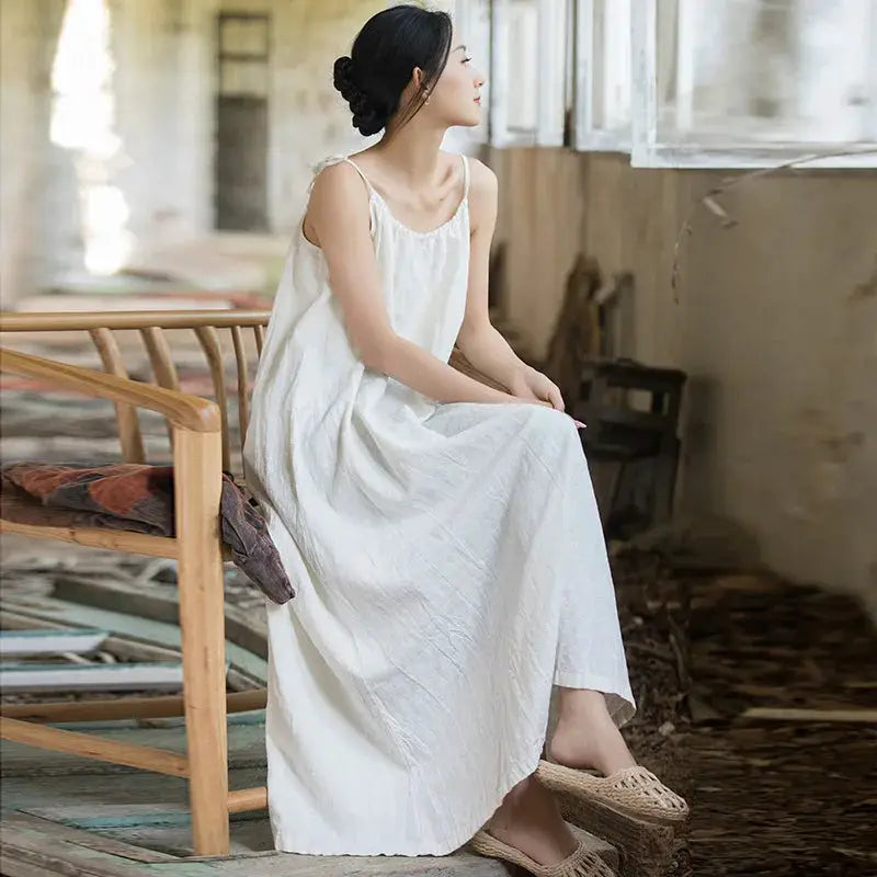 Johnature Women Vintage Ramie Cotton Spaghetti Strap Dress 2025 Summer New Female Solid Color Sleeveless Dresses by Adornity