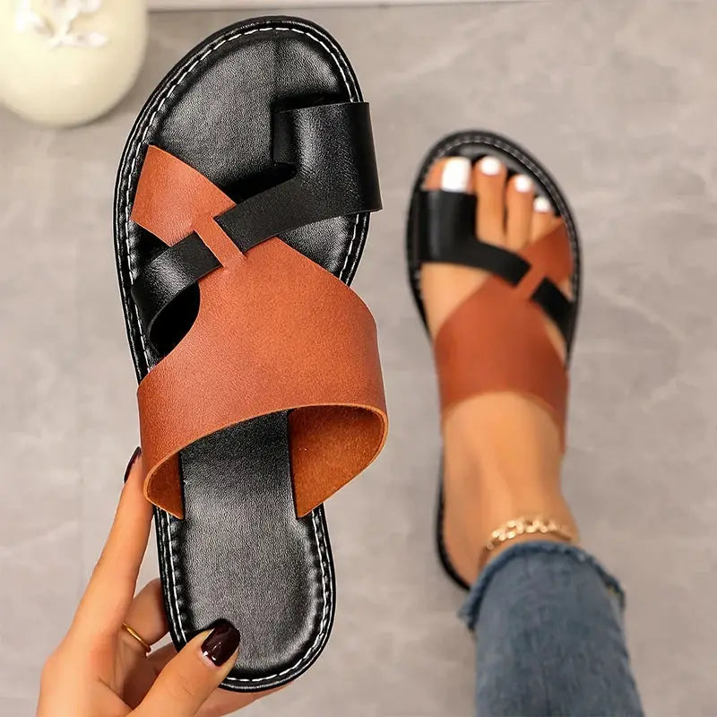 Mix Color Flat Sandals Women 2026 Summer Pu Leather Clip Toe Outdoor Slippers Woman Plus Size 43 Non Slip Beach Slide Flip Flops by Hegichi