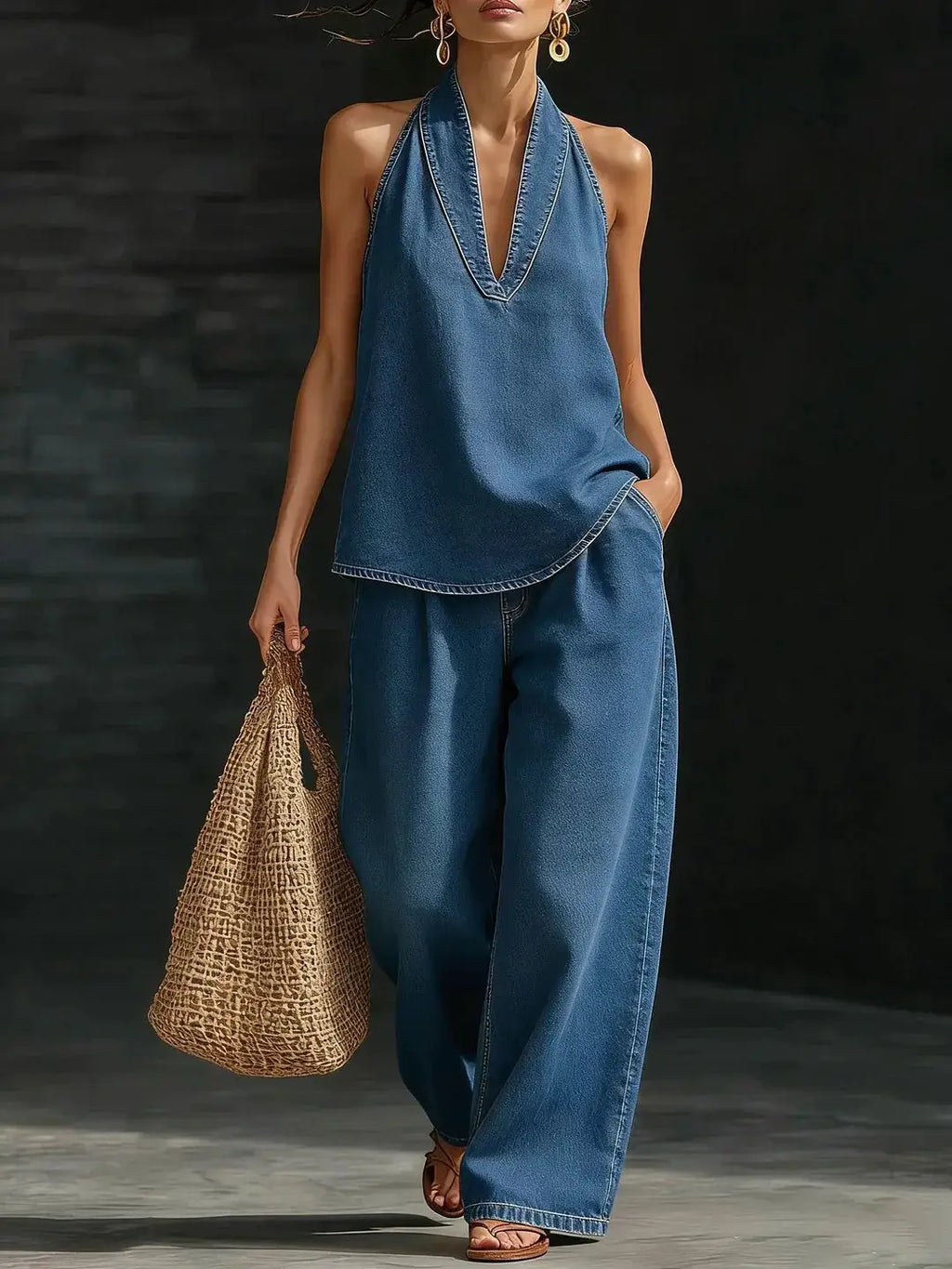 2026 Summer Women Sleeveless Denim Suit V-Neck High Waist Casual Loose Pants Outfit Simple Chic Two Pieces Loungewear Sets by Adornity