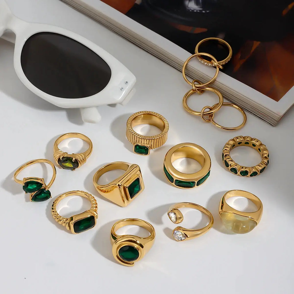 Uworld Retro Green Zircon Ring 18k Gold Color Plated Stainless Steel Round Ring Can be Stacked as a Gift for Women's Accessories by Adornity