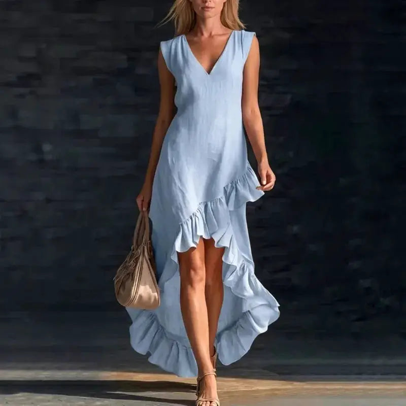 2026 Spring Sexy V Neck Solid Long Dresses Woman Elegant Ruffle Hem Irregular Party Dresses Summer Sleeveless Casual Beach Dress by Adornity