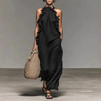 Women's Sexy Halter Ruffle Maxi Dress Solid Pockets Loose Long Dress Summer Elegant Sleeveless Bohemian Vacation Beach Dress by Adornity