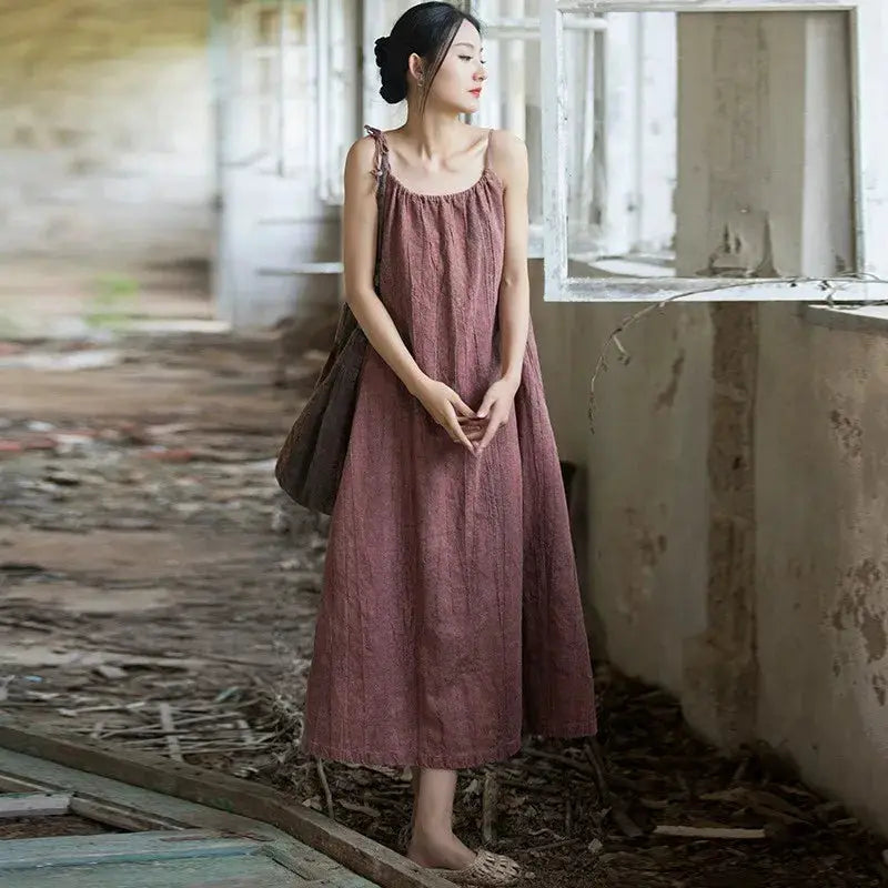 Johnature Women Vintage Ramie Cotton Spaghetti Strap Dress 2025 Summer New Female Solid Color Sleeveless Dresses by Adornity