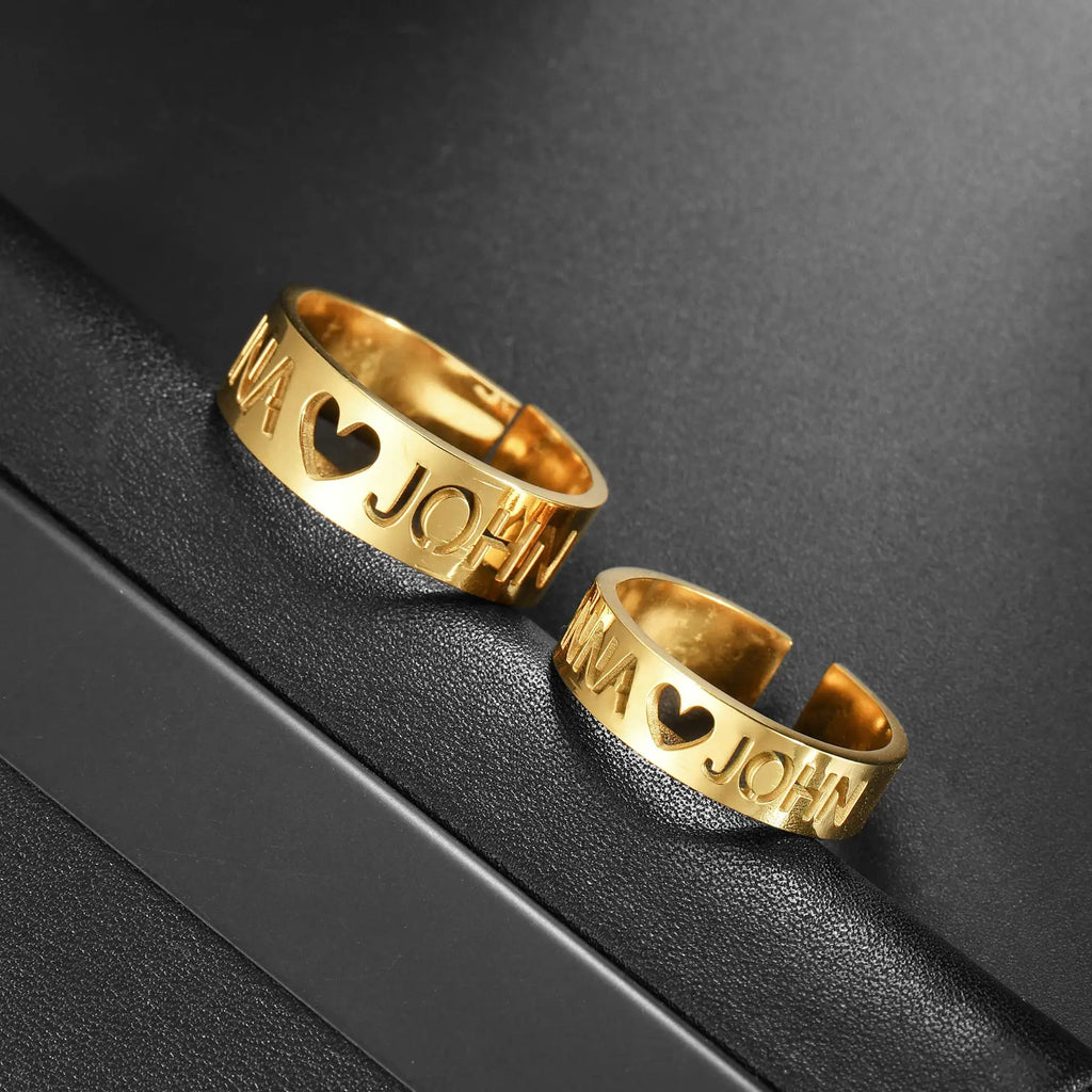 Personalized Custom Names Rings Stainless Steel for Couple Wedding Letter Circle Adjustable Open Size Jewelry Gifts by Hegichi